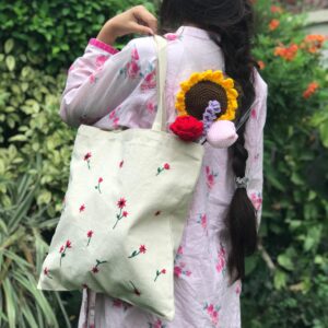 Hand-Embroidered Pink Flowers Tote Bag