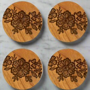 Premium Laser Engraved Rosewood Coaster Set (4 Pcs) – Floral Design with Natural Beeswax Finish