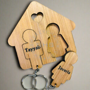 Personalized Wooden Couple Keychains with House-Shaped Wall Key Holder – Custom Laser Engraved Name Set