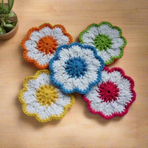 Handmade Crochet Flower Coasters – Multicolor Wool Set (5 Pcs)
