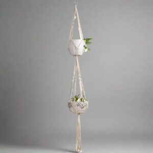 Luxury White Cotton Macramé Double Planter Holder – Handmade 4.5 ft Hanging Plant Display