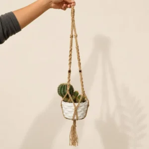 Hand holding a woven macrame plant hanger with a small white pot containing cacti against a beige wall.