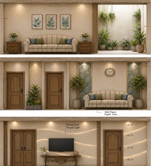 Three-story cutaway of a beige interior: top level shows a striped sofa, plants, and framed botanical art in a sunlit living room; middle level a hallway with two wooden doors, a sofa, a clock, and potted plants; bottom level a wall with a flat-screen TV above a console table, decorative lighting along a wavy rope light, and measurement marks on the right edge.