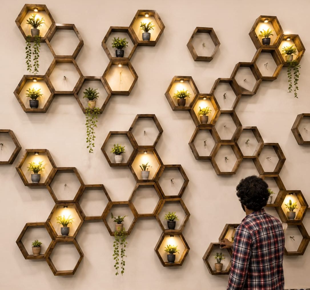 1a - Artoza Crafts | Where Craft Becomes Style Wall installation of honeycomb-shaped wooden shelves with small potted plants and warm lights; a person in plaid checks touching a shelf on the right.