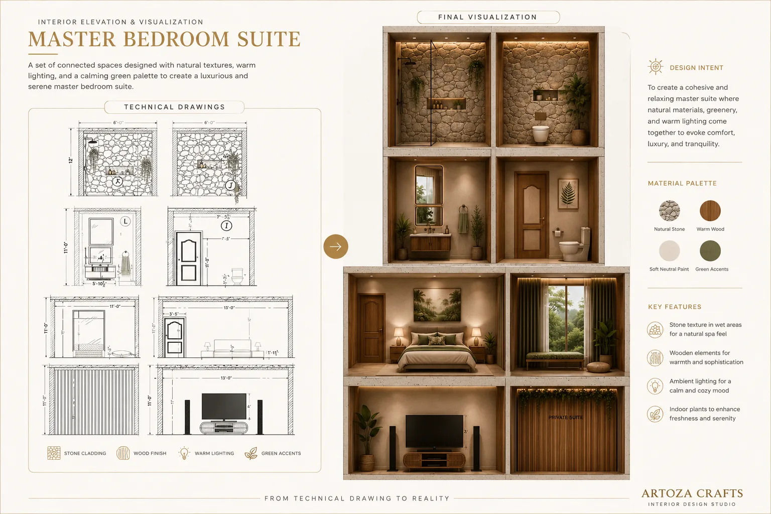 Bathroom, Bedroom & Living Features | Technical Drawings to Final Visualization - Artoza Crafts | Where Craft Becomes Style Architectural presentation comparing technical drawings with completed interior visualizations including bathroom, bedroom, living room, TV wall and decorative feature wall designs.