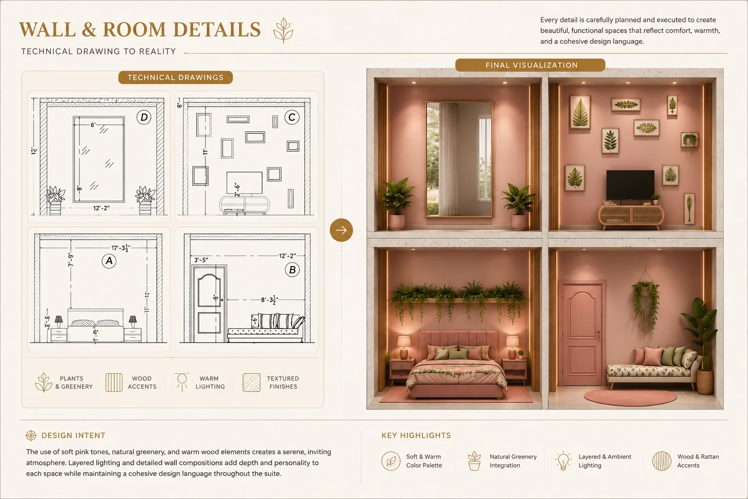 Technical elevations transformed into elegant dining and drawing room interiors. - Artoza Crafts | Where Craft Becomes Style Architectural comparison showing dining room and drawing room technical elevations beside completed interior renderings including media walls, aquarium, arches and decorative feature walls.