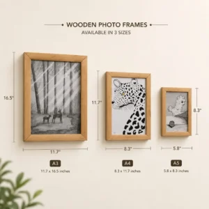 Wall display of three wooden photo frames (A3, A4, A5) with size labels: 11.7 x 16.5 in, 8.3 x 11.7 in, 5.8 x 8.3 in.