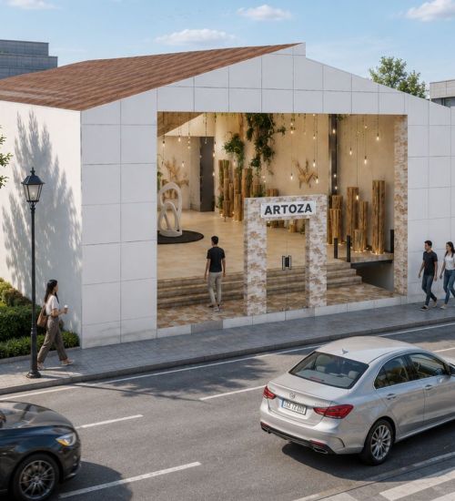 Exterior view of the ARTOZA showroom on a city street; white building with an open entrance displaying wooden sculptures and visitors nearby.
