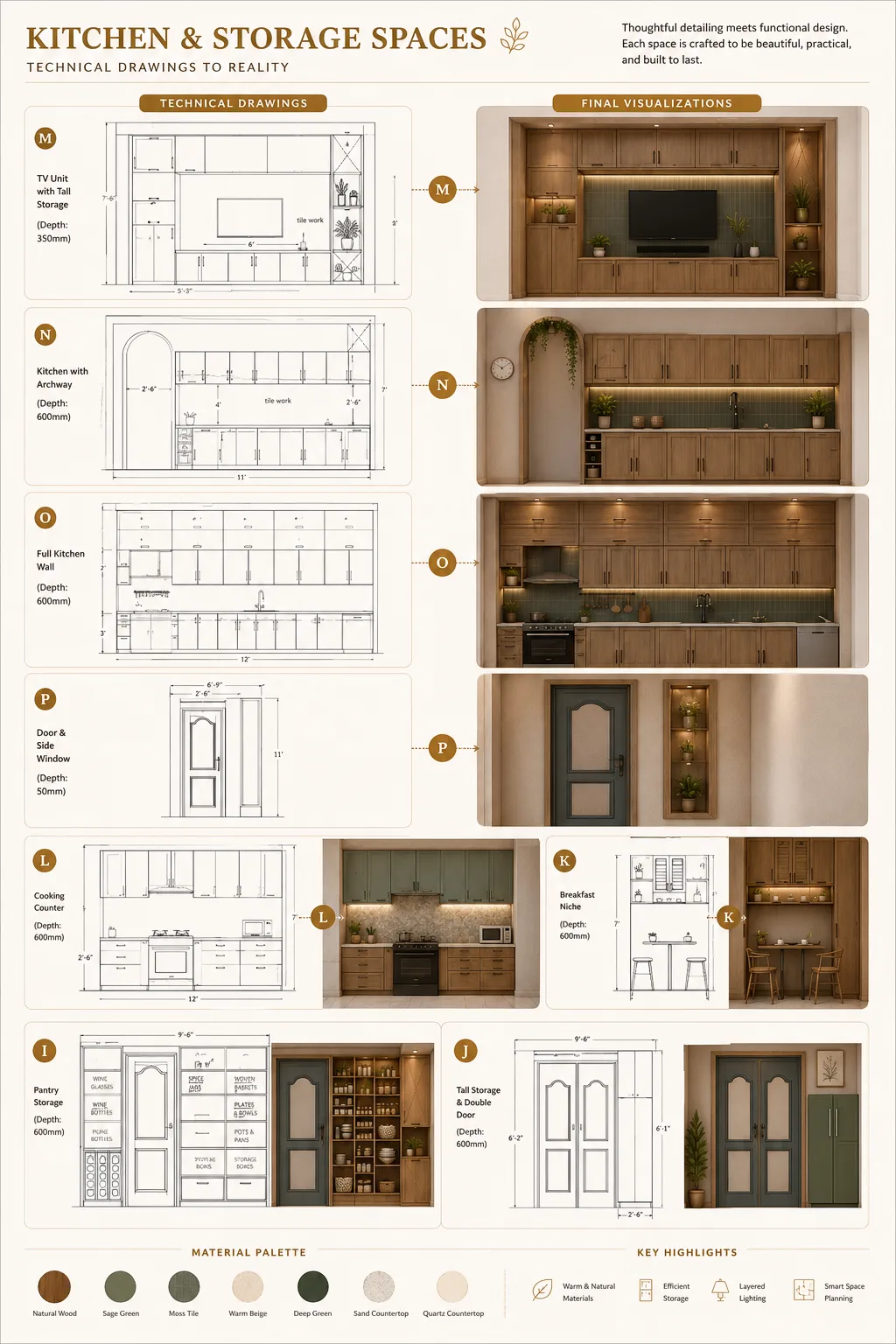 Master Bedroom | Technical Drawings to Final Visualization - Artoza Crafts | Where Craft Becomes Style Architectural presentation comparing master bedroom technical drawings with completed interior renderings including wardrobe, vanity, TV wall, study area and seating space.