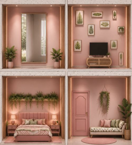 Four pink-room display panels: top-left a mirror with two potted plants; top-right a wall of botanical art and a TV; bottom-left a cozy bedroom with hanging plants; bottom-right a seating area beside a pink door and hanging greenery.