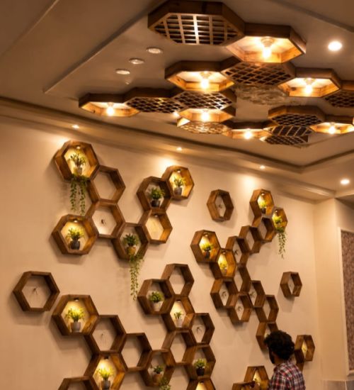 Wooden hexagonal shelves form a honeycomb pattern on a wall, with a few potted plants; warm ceiling lights and a person standing nearby.