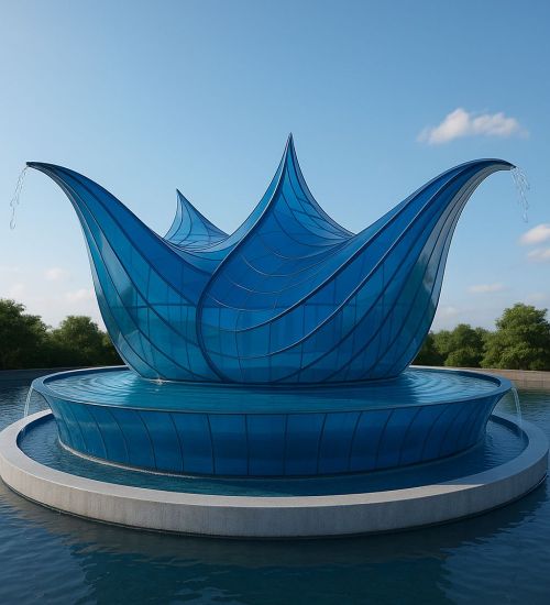 Blue glass lotus fountain sculpture in a circular pool, with water spraying from its petal tips against a clear sky.