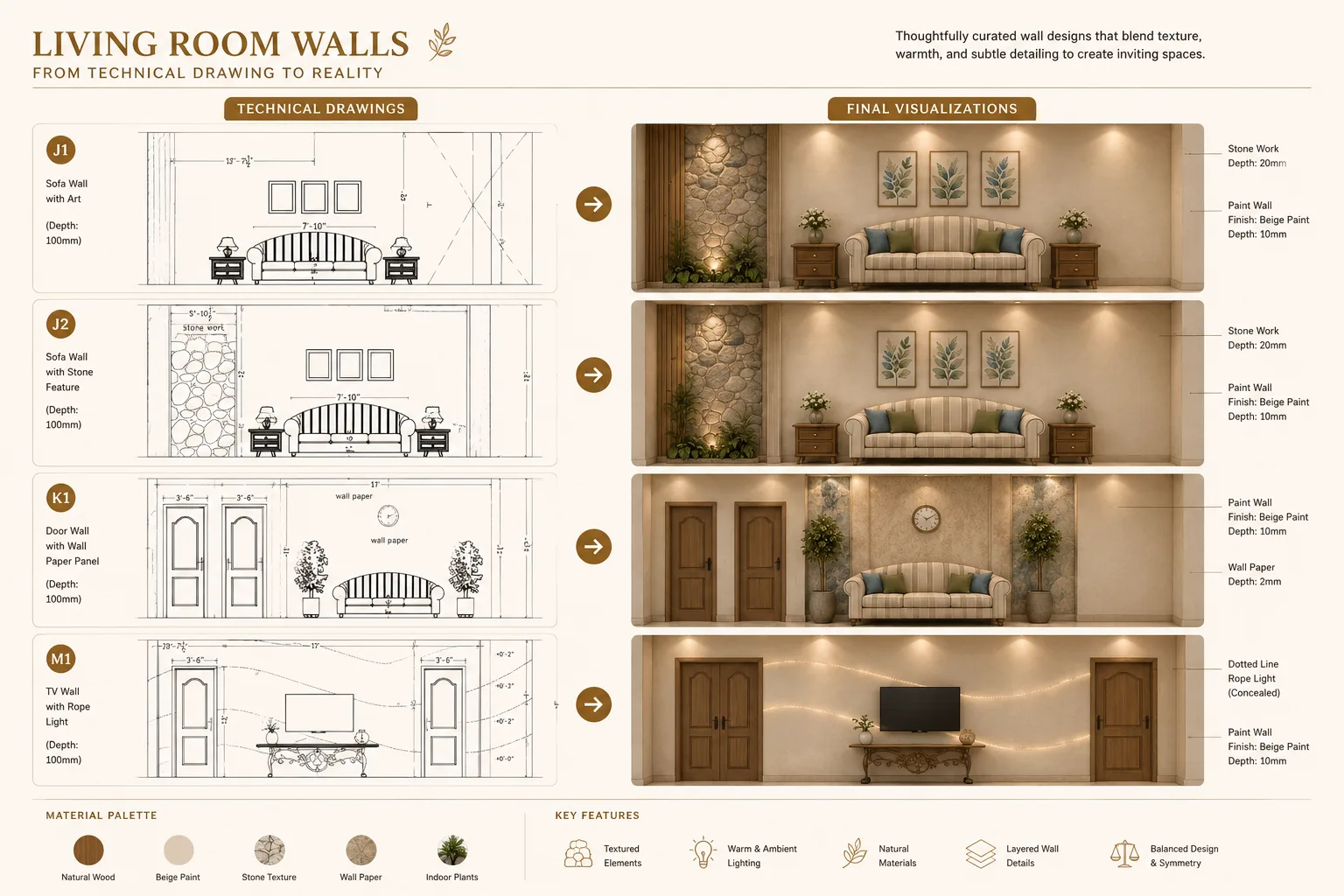 Feature Wall Design Development | Technical Drawings to Final Visualization - Artoza Crafts | Where Craft Becomes Style Architectural presentation showing feature wall technical drawings paired with completed interior renderings including stone wall, media wall, bedroom wall and decorative interior details.