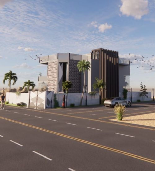 Modern angular building with palm trees along a wide street and a parked SUV nearby.
