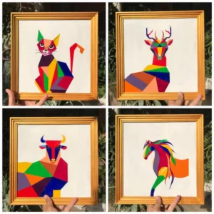 Abstract geometric cat in bright colors, framed in a gold frame, on white backgrounde?
