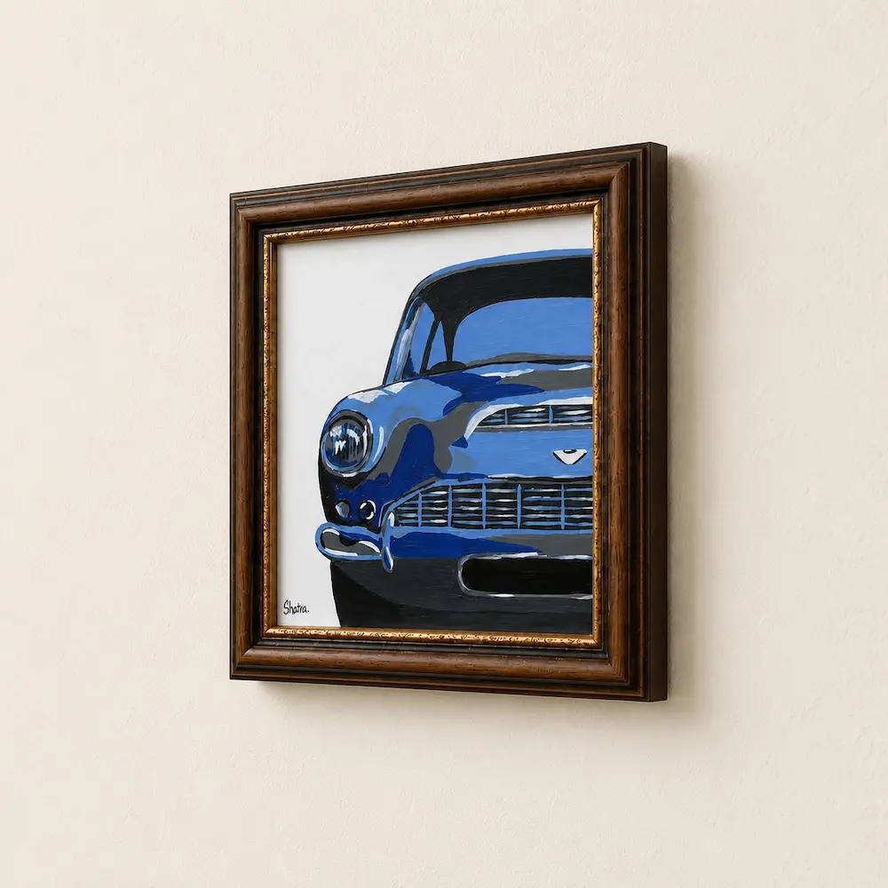 acrylic painting - Artoza Crafts | Where Craft Becomes Style Blue vintage car painting mounted in a dark brown frame on a beige wall, wall art for home decor.