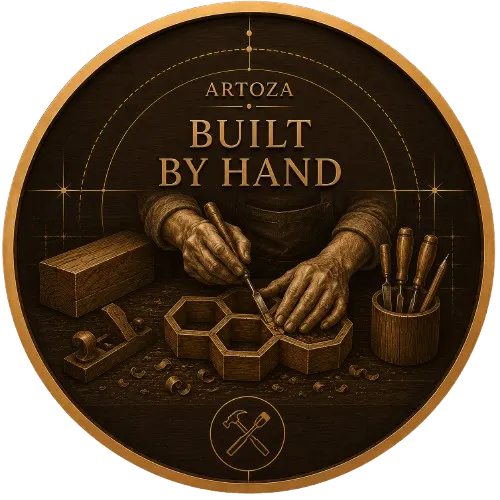 Built by Hand medallion showcasing traditional woodworking techniques, handcrafted joinery, and artisan craftsmanship.