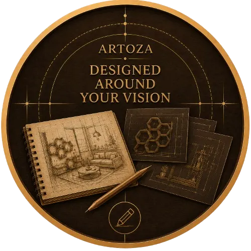 Designed Around Your Vision medallion illustrating Artoza's custom design process through sketches, planning, and personalized concepts.