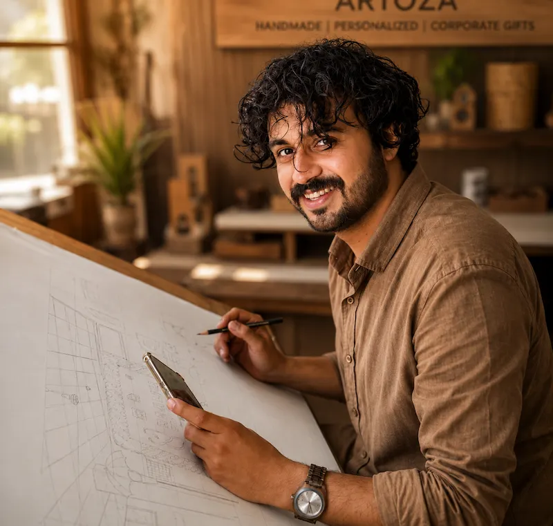 Shurza, founder of Artoza, sketching a custom interior design concept at his drafting table.