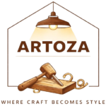 artoza_logo-e1778388674242 - Artoza Crafts | Where Craft Becomes Style ARTOZA logo with a hanging lamp above a woodworking plane and hammer, framed by a geometric outline, and the slogan 'Where craft becomes style' beneath.
