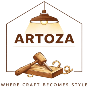 ARTOZA logo with a hanging lamp above a woodworking plane and hammer, framed by a geometric outline, and the slogan 'Where craft becomes style' beneath.