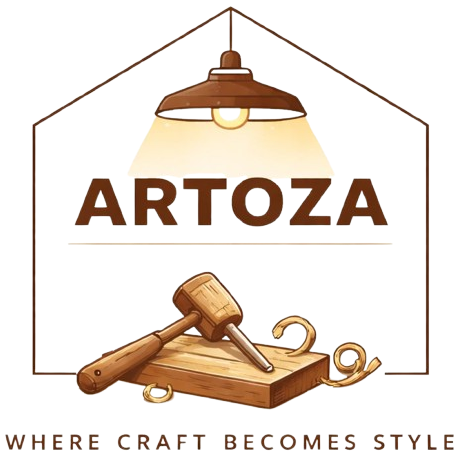 ARTOZA logo with a hanging lamp above a woodworking plane and hammer, framed by a geometric outline, and the slogan 'Where craft becomes style' beneath.