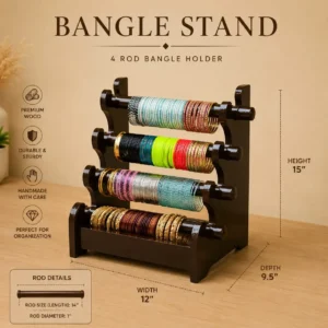 Black four-rod bangle stand on a wooden surface displaying colorful bracelets; overall size 12 in wide, 9.5 in deep, 15 in tall.