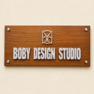 Wooden wall sign displaying the text 'BODY DESIGN STUDIO' in raised white lettering, with metal bolts at the corners.