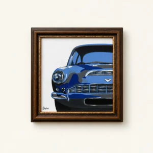 car painting - Artoza Crafts | Where Craft Becomes Style Framed painting of a blue vintage car viewed from the front on a beige wall.