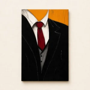 Abstract painting of a person in a black suit with a red tie against an orange background frame, torso visible from shoulders up, no head shown