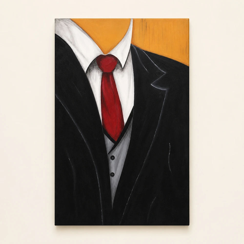 custom acrylic painting - Artoza Crafts | Where Craft Becomes Style Abstract painting of a man in a black suit with a red tie and gray vest against an orange background.