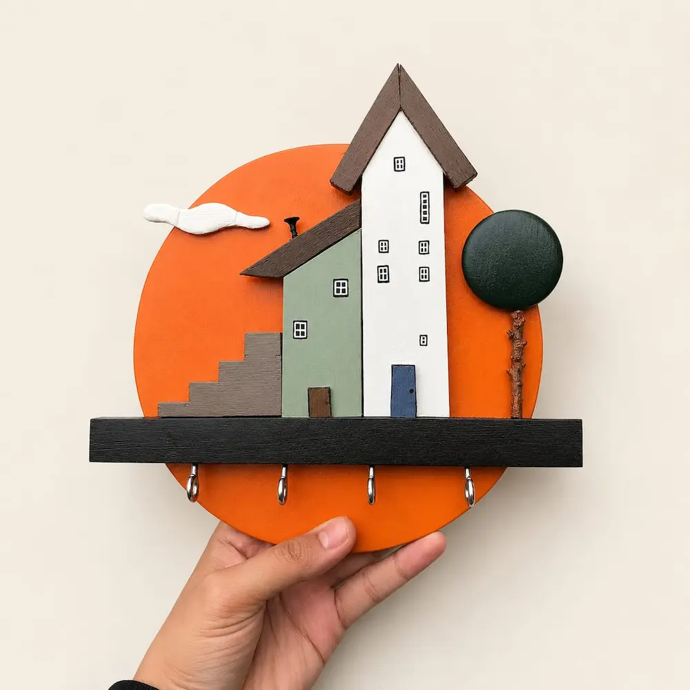 diy wooden crafts - Artoza Crafts | Where Craft Becomes Style Hand holding an orange circular decorative plaque with a miniature house scene on a black shelf with four hooks.