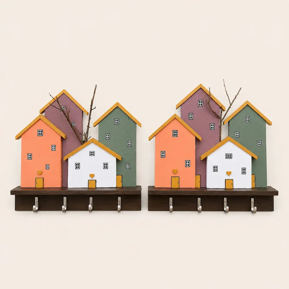 diy wooden keyholder - Artoza Crafts | Where Craft Becomes Style Two rows of colorful wooden house shapes on a wall-mounted rack with six metal hooks for hanging items (decorative key rack).