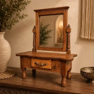 dressing table - Artoza Crafts | Where Craft Becomes Style Rustic wooden vanity with a framed mirror and single drawer on a dark wood tabletop.