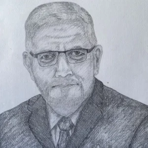 Pencil sketch of a man wearing glasses and a suit, facing forward with a neutral expression.