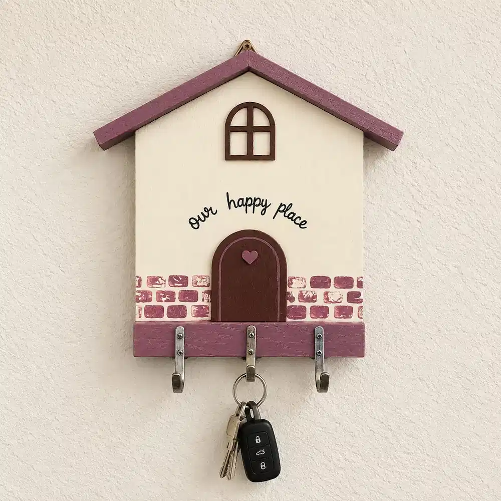 handmade wooden keyholder - Artoza Crafts | Where Craft Becomes Style Decorative wooden house-shaped key holder on a wall with three hooks and keys hanging from the bottom.