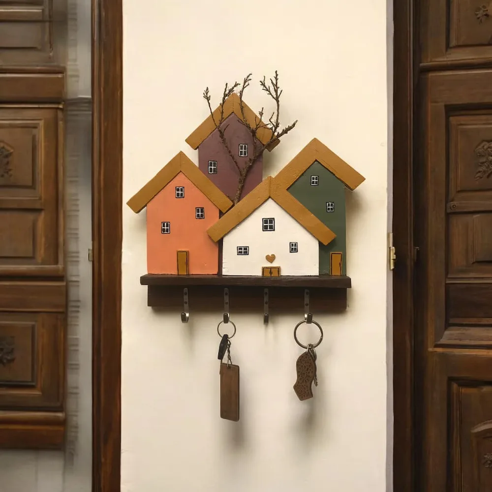 house keyholder - Artoza Crafts | Where Craft Becomes Style Colorful cluster of small wooden houses on a shelf, with hanging keys beneath.