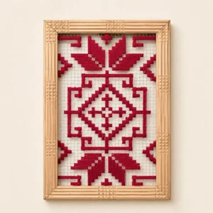 Wood-framed needlepoint art with a red geometric diamond pattern on a grid background.