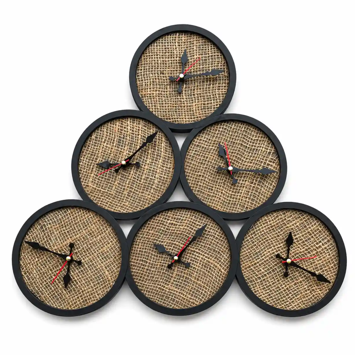 mini clocks - Artoza Crafts | Where Craft Becomes Style Six round clocks mounted in a pyramid: burlap faces, black frames, black hands, red second hands.