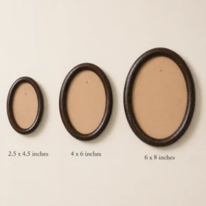 oval shape frames 1 - Artoza Crafts | Where Craft Becomes Style Three dark brown oval picture frames of increasing size on a pale wall, labeled 2.5x4.5, 4x6, and 6x8 inches.