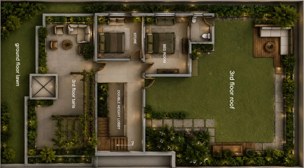 render plan - Artoza Crafts | Where Craft Becomes Style Top-down view of a multi-level home layout with labeled rooms (Bed Room, Store, Double Height Lobby) and a large 3rd-floor lawn/terrace area surrounding a garden.