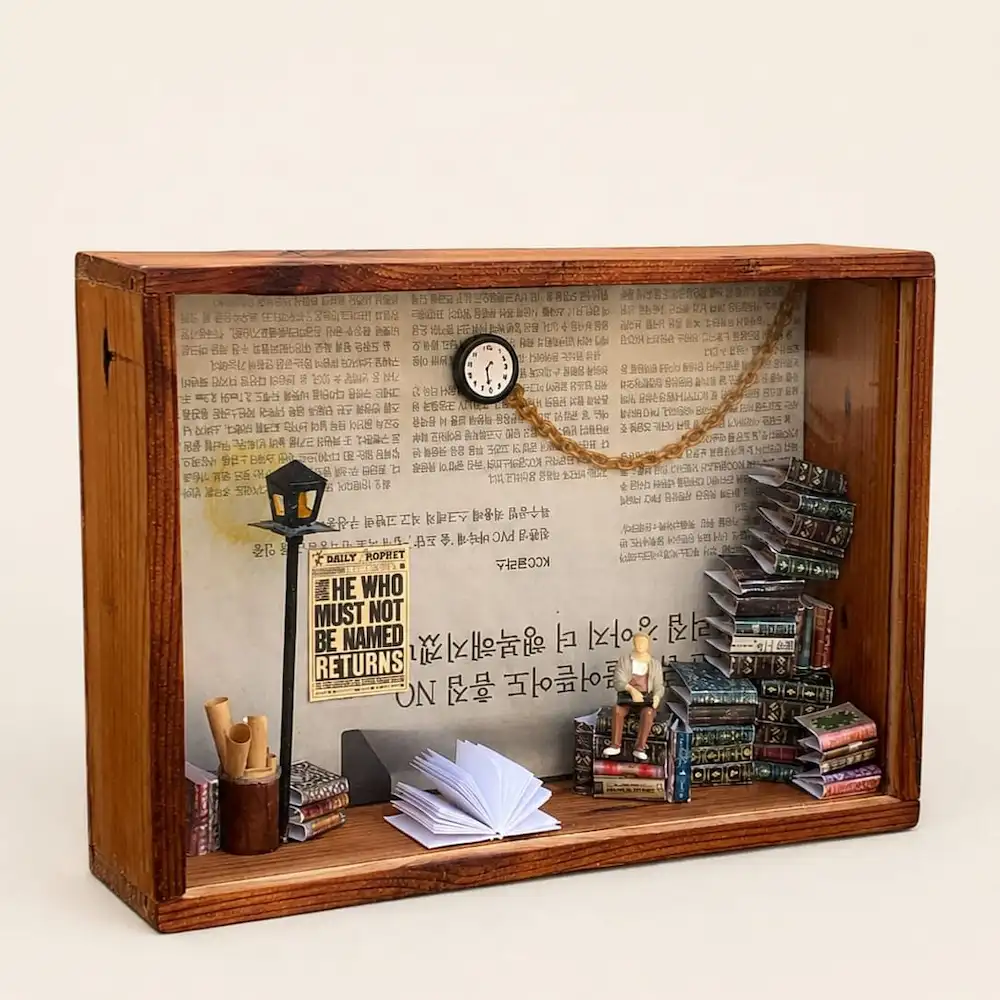 shadow box - Artoza Crafts | Where Craft Becomes Style Miniature diorama in a wooden box featuring a lamp post, a sign reading 'He Who Must Not Be Named Returns', stacks of books, a small figure, and an open paper.