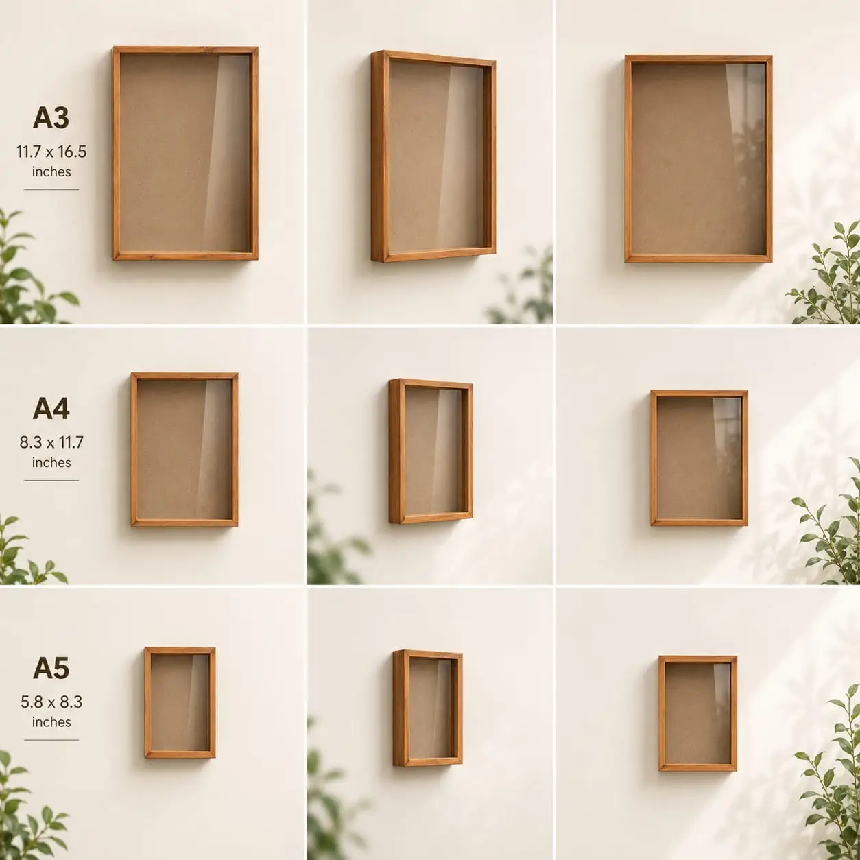 shadow box details - Artoza Crafts | Where Craft Becomes Style Grid of wooden picture frames on a wall labeled A3, A4, A5 with their dimensions (inches) shown beside each size, empty frames reference sizing study.