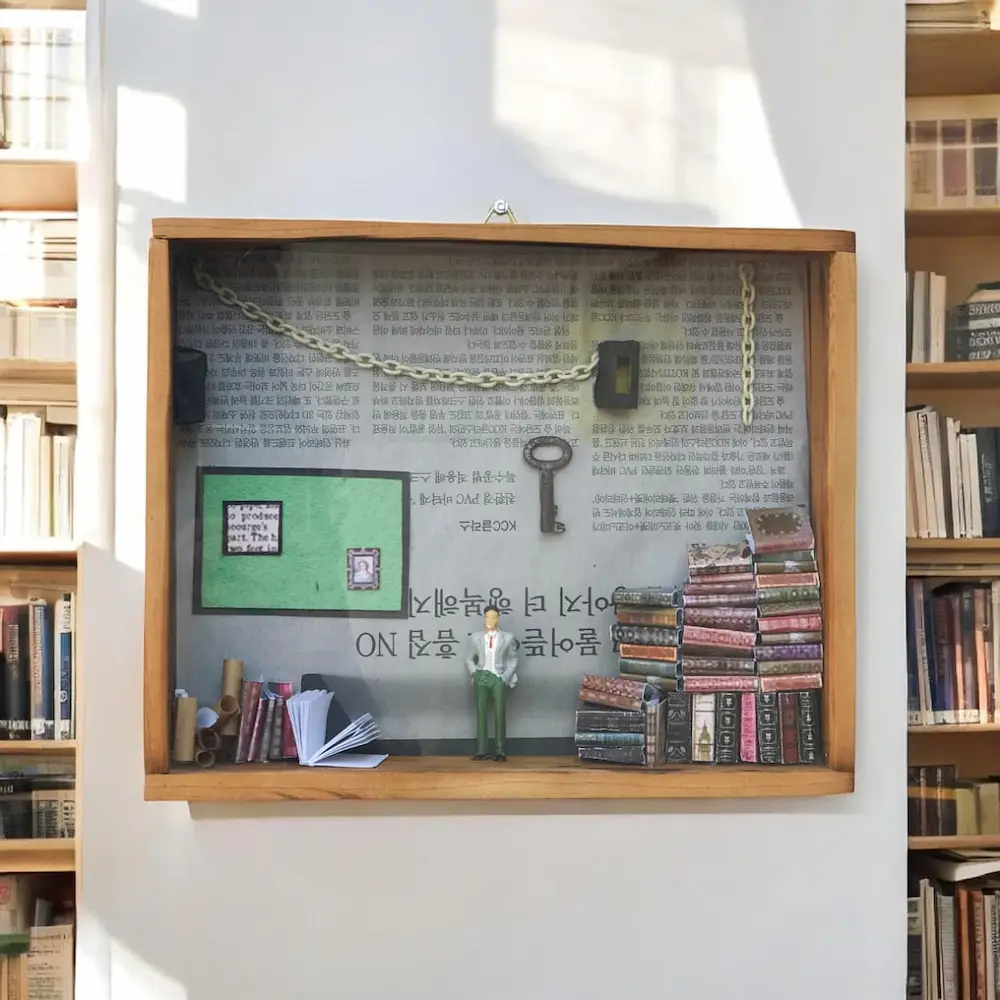 shadow box ideas - Artoza Crafts | Where Craft Becomes Style Miniature man in a suit stands beside a stack of books inside a wooden-framed diorama on a library wall.