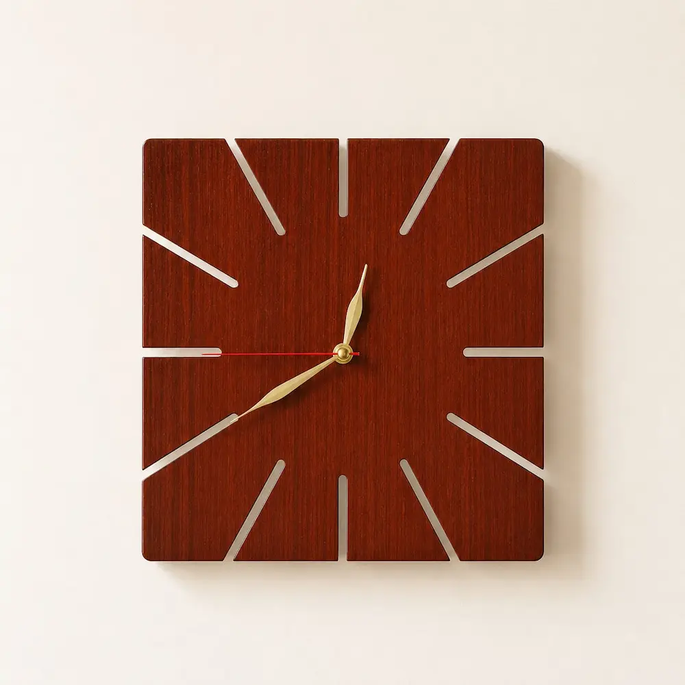 square dash clock - Artoza Crafts | Where Craft Becomes Style Decorative wooden square wall clock with diagonal cut-out hour marks and gold hands.