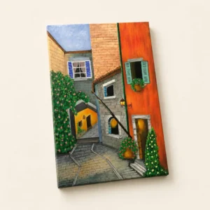 Colorful painting of a narrow, sunlit alley with stone houses, blue shutters, greenery, and a red-orange wall.