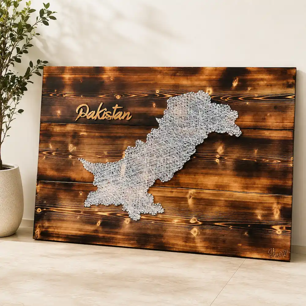 string art ideas - Artoza Crafts | Where Craft Becomes Style Decorative wooden panel featuring a lace-cut map of Pakistan with the word 'Pakistan' in script on the left.