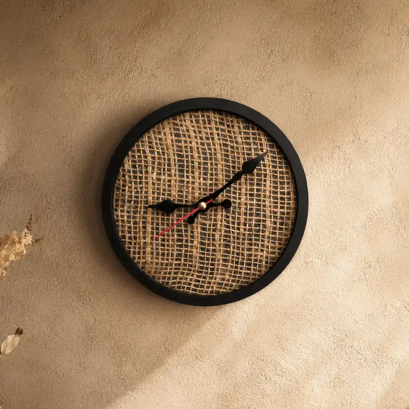 ticktok clock - Artoza Crafts | Where Craft Becomes Style Round wall clock with a black frame and burlap-textured center, showing time around 4:40.