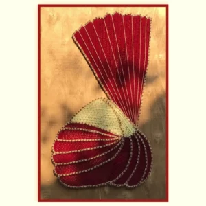 Decorative artwork of a stylized red and cream spiral seashell framed in red on a gold background.