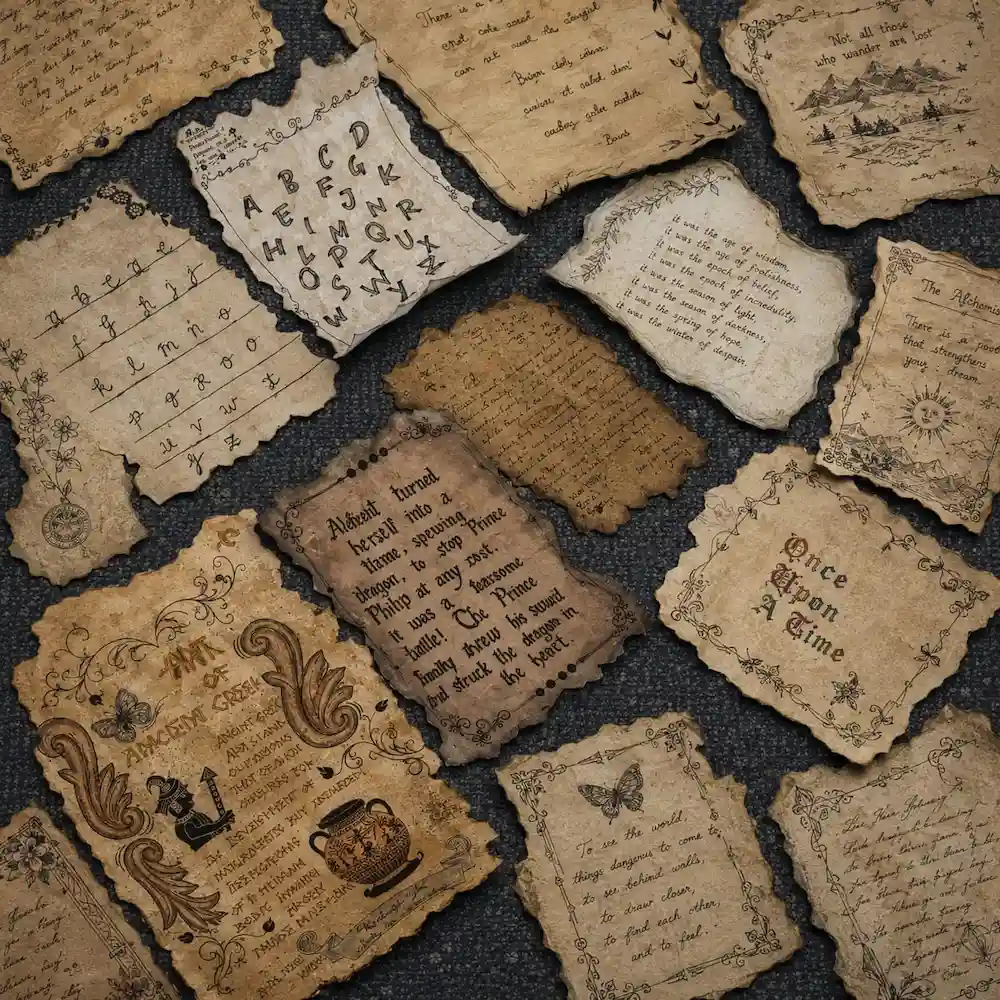 vintage letters - Artoza Crafts | Where Craft Becomes Style Collection of vintage parchment pages with handwritten text and decorative borders laid out on a dark surface, like an old manuscript collage.